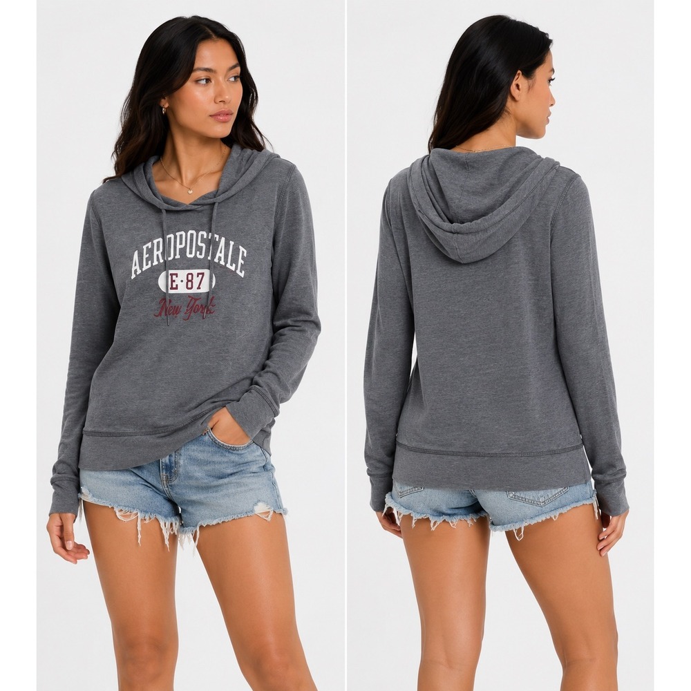 Aeropostale Hoodie Women Medium Gray Graphic Pullover Sweatshirt Y2K‎ Collegiate